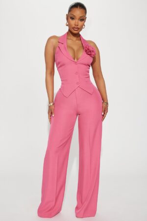 Conjunto de Pantalón y Chaleco con Aplicación Floral 3D - Rosado