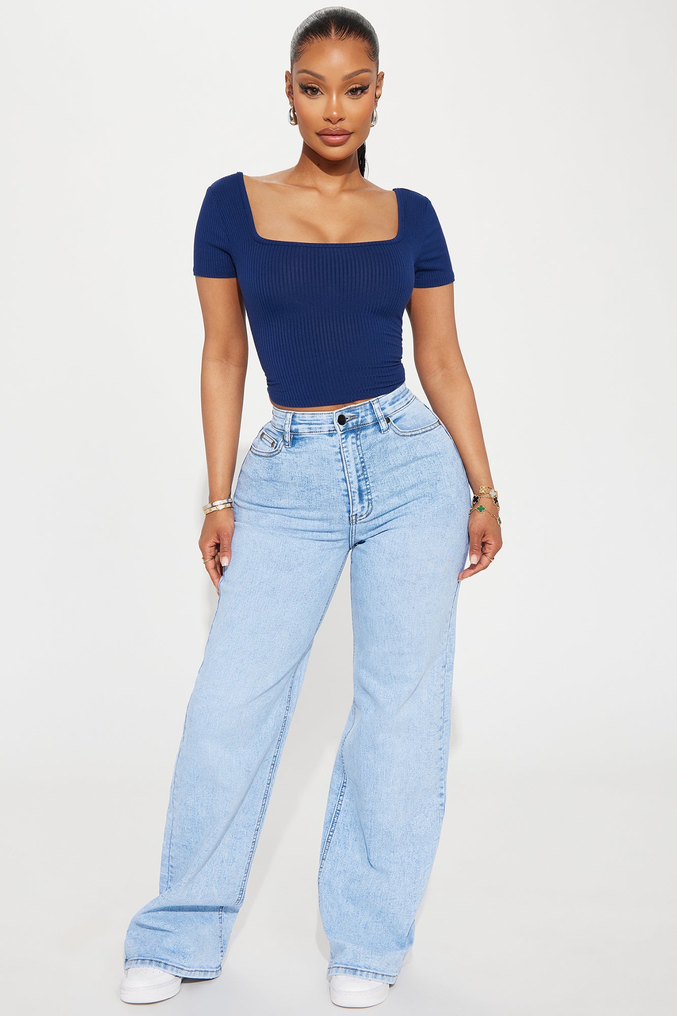 Jeans Anchos Elásticos Tiro Alto - Lavado Claro