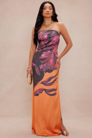 Vestido Satinado Largo de Noche con Estampado Floral