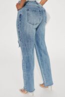 Jeans Rectos Elásticos con Rasgaduras y Dobladillo Crudo