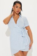 Vestido Mini Rayado con Lazo en Cintura y Cuello Camisero