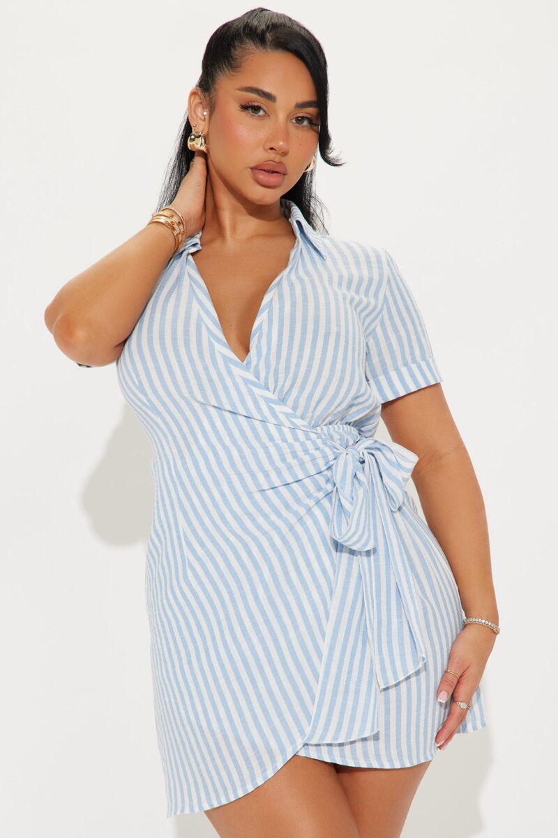 Vestido Mini Rayado con Lazo en Cintura y Cuello Camisero