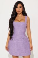 Vestido Mini Tweed de Cuello Cuadrado y Tirantes Ajustables