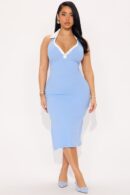 Vestido Midi Tejido de Canalé con Cuello y Escote en V