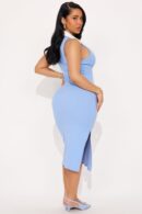 Vestido Midi Tejido de Canalé con Cuello y Escote en V