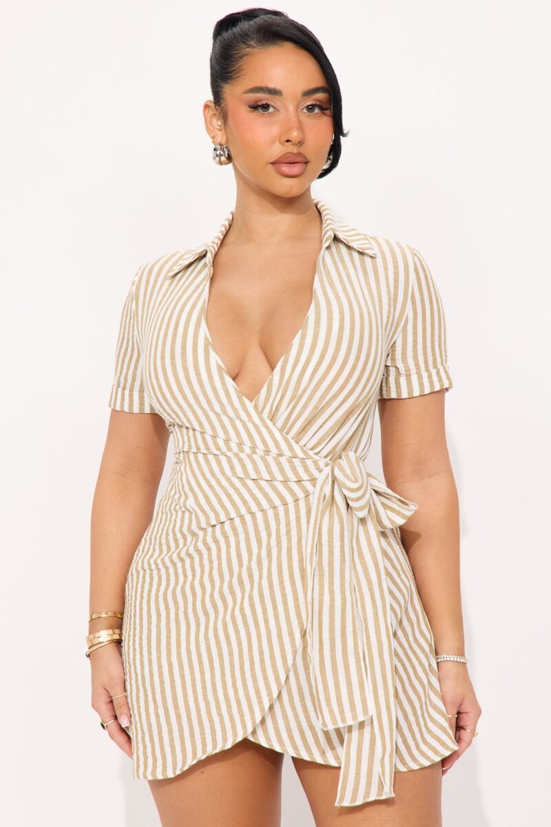 Vestido Mini Rayado con Lazo en Cintura y Cuello Camisero - Image 8