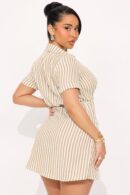 Vestido Mini Rayado con Lazo en Cintura y Cuello Camisero