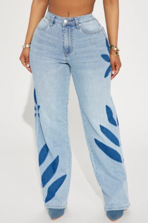 Jeans Rectos de Pierna Recta con Detalle Floral