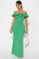 Vestido Maxi Lunares con Hombros Descubiertos y Vuelos