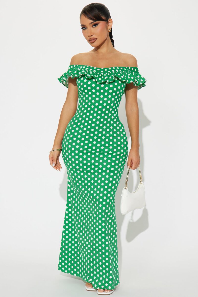 Vestido Maxi Lunares con Hombros Descubiertos y Vuelos - Image 7