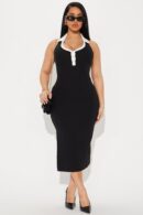 Vestido Midi Tejido de Canalé con Cuello y Escote en V