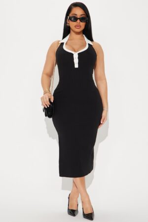 Vestido Midi Tejido de Canalé con Cuello y Escote en V