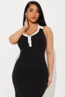 Vestido Midi Tejido de Canalé con Cuello y Escote en V