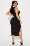 Vestido Midi Tejido de Canalé con Cuello y Escote en V