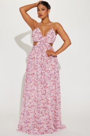 Vestido Largo Floral de Chiffón con Cuello Halter