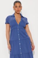 Vestido Midi Stella con Mangas Puff y Botones Frontales