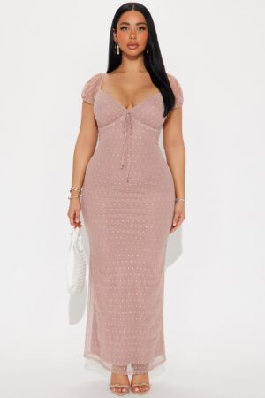 Vestido Maxi de Malla con Lunares y Manga Puff