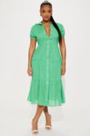 Vestido Midi Stella con Mangas Puff y Botones Frontales