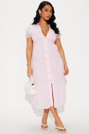 Vestido Midi Stella con Mangas Puff y Botones Frontales