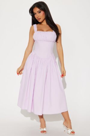 Vestido Midi Poplin Fruncido con Escote Cuadrado