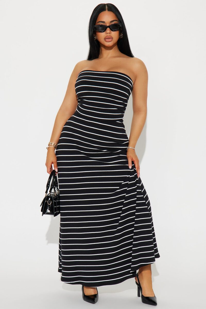 Vestido Largo Acanalado sin Tirantes con Detalles Fruncidos