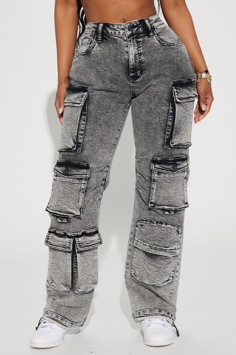 Fairfax High Rise Stretch Cargo Jeans - Acid Wash Grey - Image 2