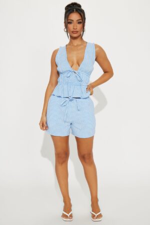 Conjunto de Shorts y Top con Volantes en Cuadrillé - Azul