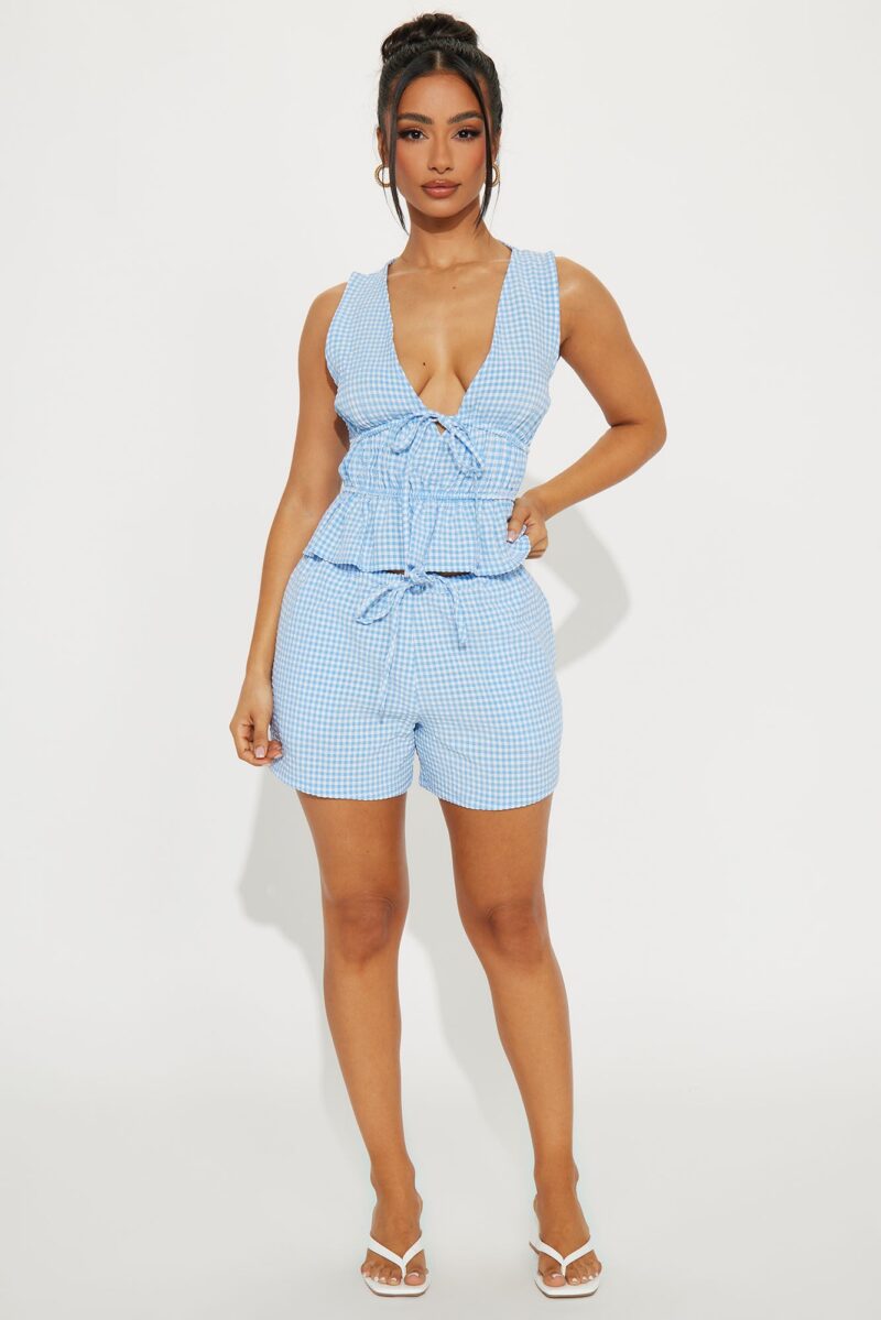 Conjunto de Shorts y Top con Volantes en Cuadrillé - Azul