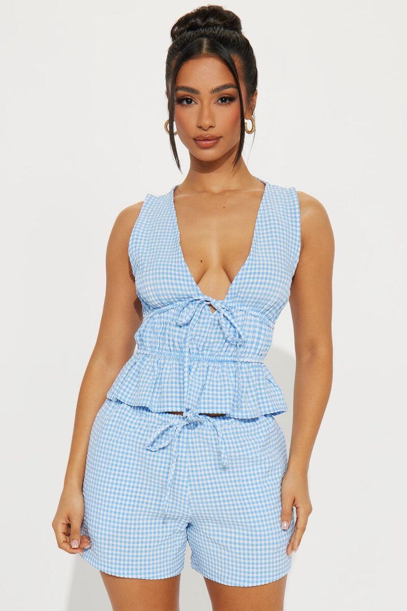 Conjunto de Shorts y Top con Volantes en Cuadrillé - Azul - Image 5