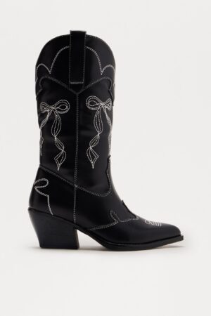 Botas de Vaquero con Lazo Decorativo - Negro