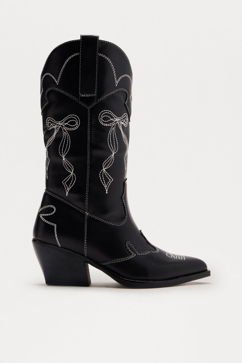 Botas de Vaquero con Lazo Decorativo - Negro