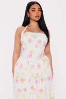 Vestido Midi Floral con Halter y Cintura de Corsé Falso