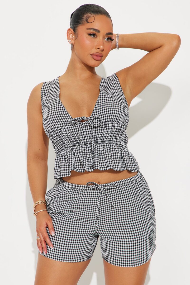 Conjunto de Shorts y Top con Volantes en Cuadrillé - Azul - Image 2
