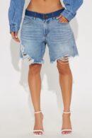 Shorts de Jean de Corte Medio con Desgaste - Lavado Medio