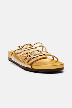 Sandalias Casuales Doradas con Hebilla y Punta Redonda