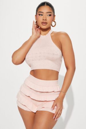 Set de Short y Top Halter con Volantes - Rosa Suave