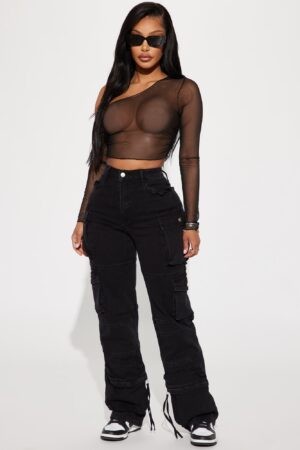 Jeans Cargo de Pierna Recta y Cintura Alta - Negros