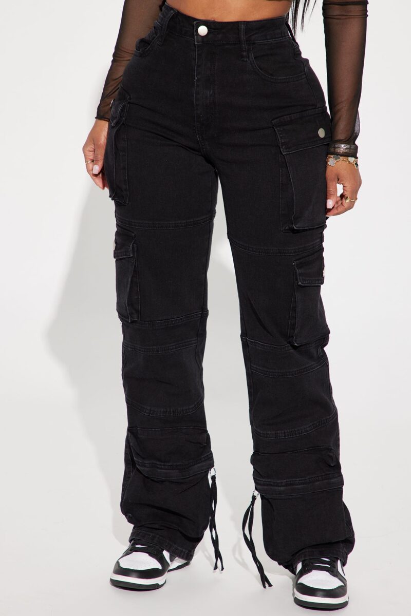 Jeans Cargo de Pierna Recta y Cintura Alta - Negros - Image 2