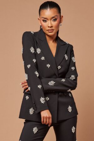 Chaqueta Elegante con Detalles Brillantes y Cuello Solapa