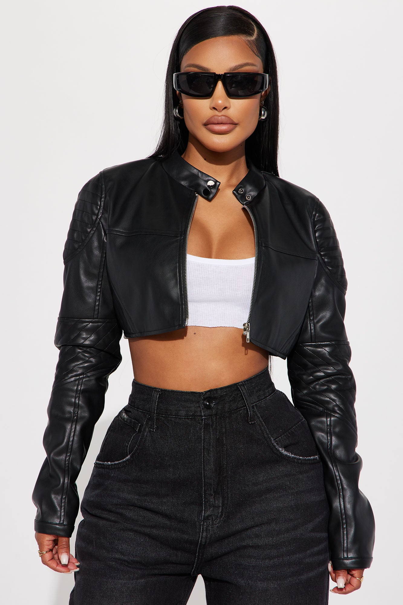 Chaqueta de Cuero Sintético Estilo Motero con Cuello Alto