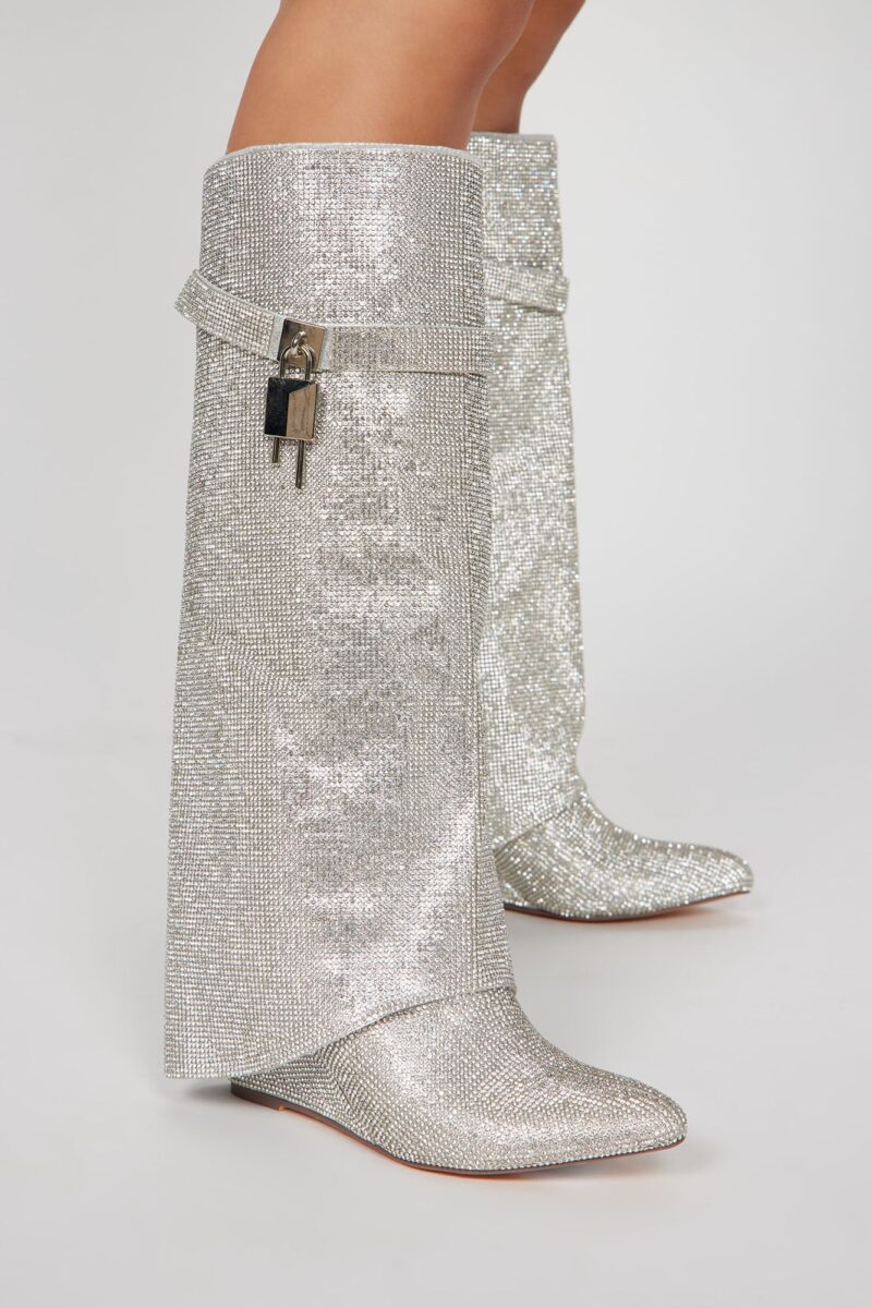 Botas Altas Adornadas con Pedrería - Plateadas - Image 4