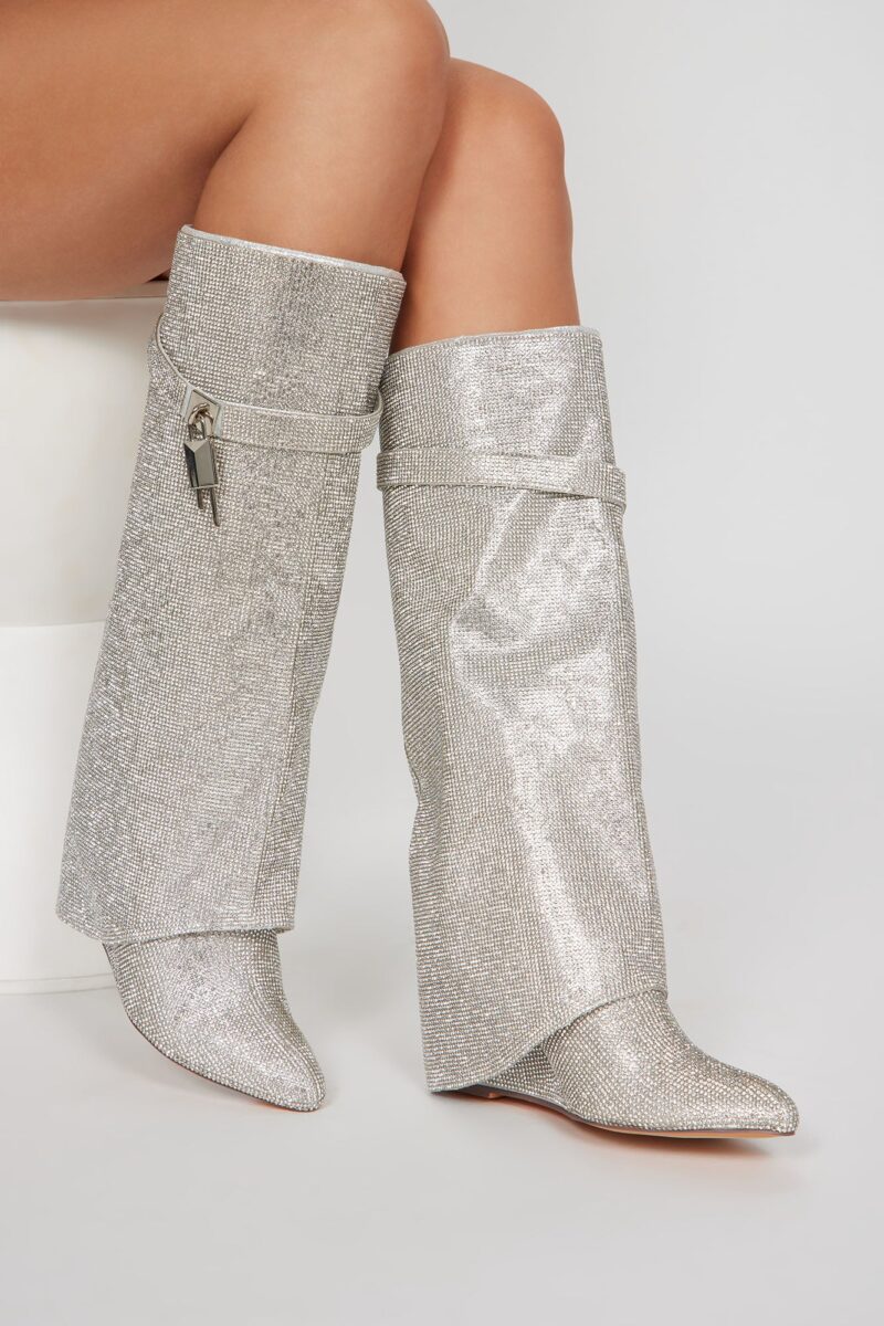 Botas Altas Adornadas con Pedrería - Plateadas - Image 2