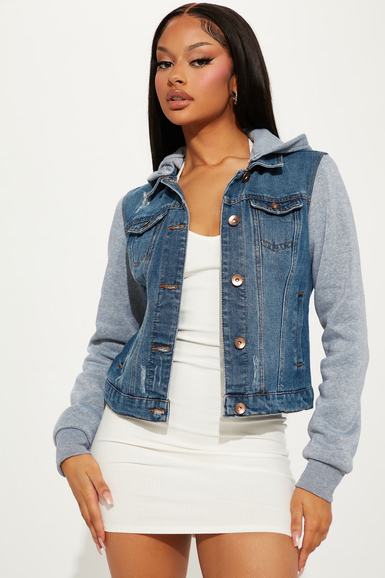 Chaqueta de Denim con Capucha y Bolsillos Frontales