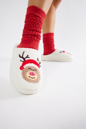 Pantuflas de Reno Navideñas en Color Rojo