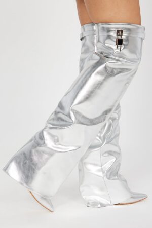 Botas con cuña ultra alta y detalle de superposición - Plata