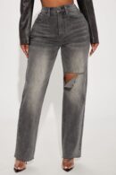 Jeans Rectos Elásticos con Rasgaduras y Dobladillo Crudo