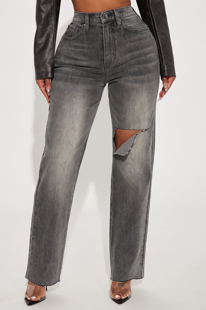 Jeans Rectos Elásticos con Rasgaduras y Dobladillo Crudo - Image 2