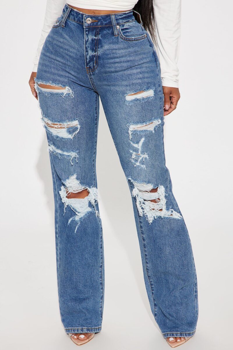 Jeans Rectos con Roturas y Stretch - Lavado Medio - Image 8