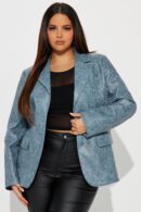 Saco de Cuero Sintético Lavado con Botones - Azul