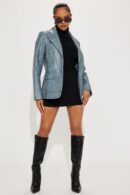 Saco de Cuero Sintético Lavado con Botones - Azul